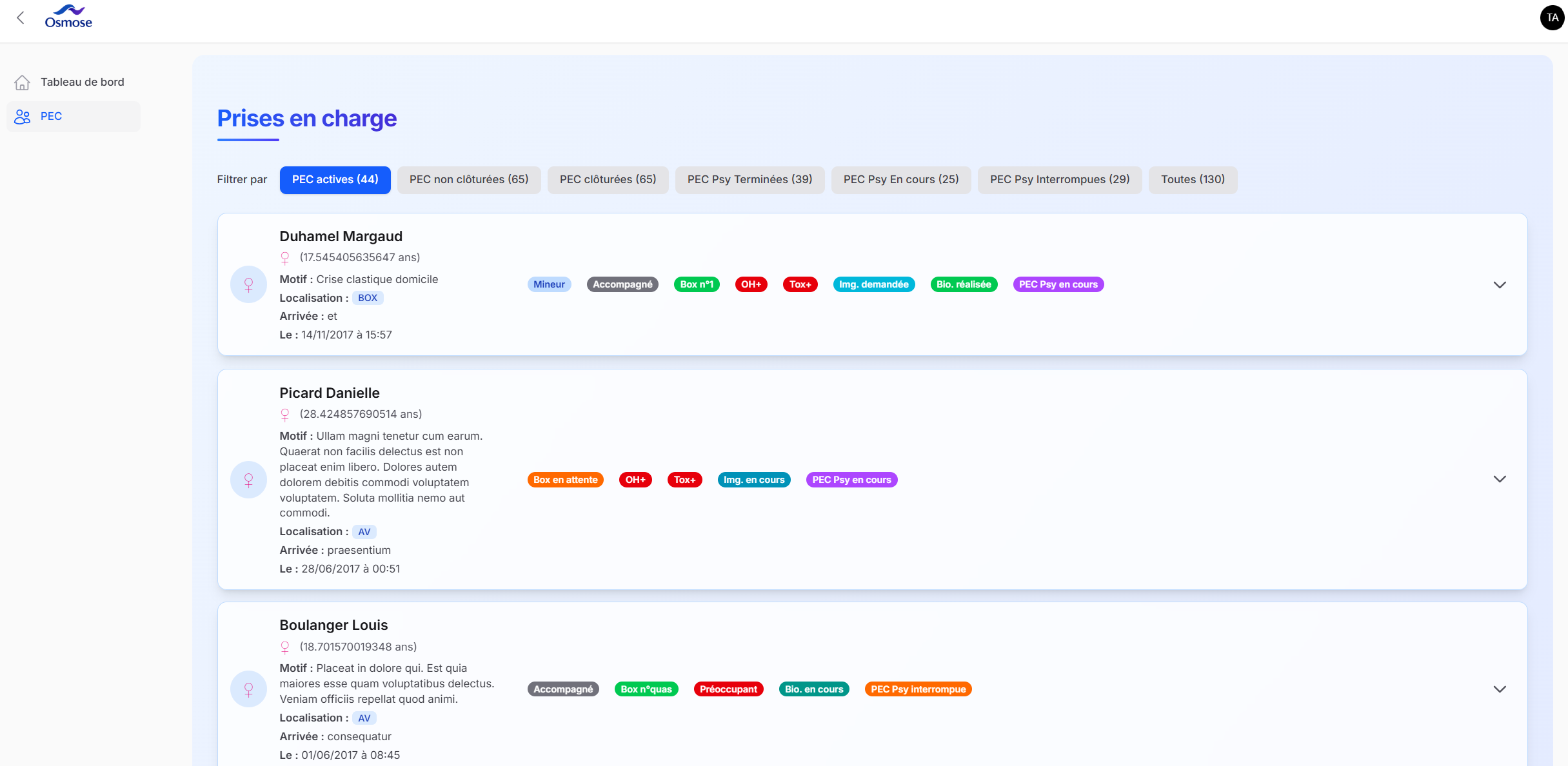 Dashboard Osmose - Liste des patients
